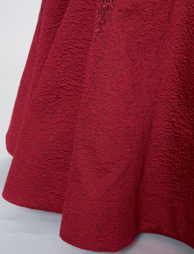 TWEED DRESS(ツイードドレス)のワインレッドロングドレス・ジャガード｜TN2011-WRDのスカート裾拡大画像です。