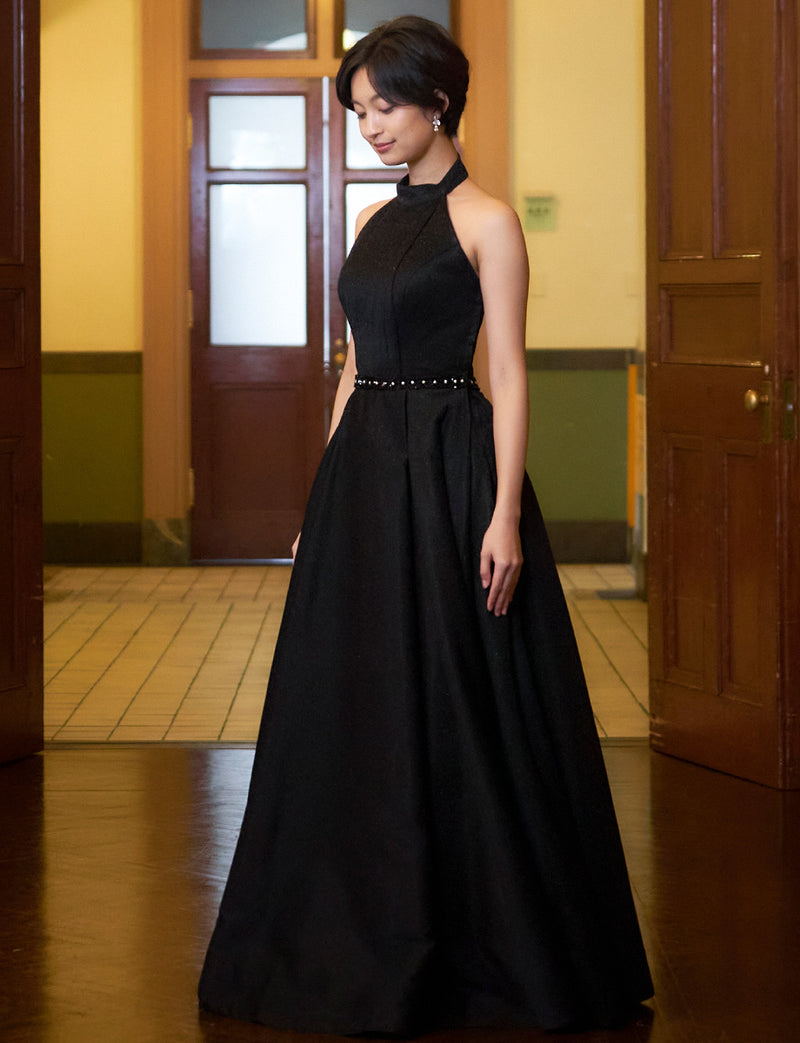 TWEED DRESS(ツイードドレス)のブラックロングドレス・グリッター生地｜TN2013-BKの全身斜め画像です。