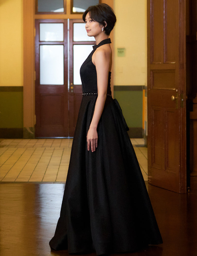 TWEED DRESS(ツイードドレス)のブラックロングドレス・グリッター生地｜TN2013-BKの全身側面画像です。
