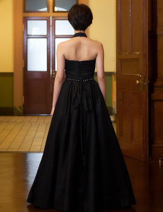 TWEED DRESS(ツイードドレス)のブラックロングドレス・グリッター生地｜TN2013-BKの全身背面画像です。