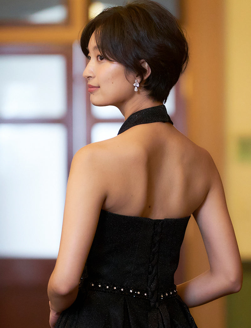 TWEED DRESS(ツイードドレス)のブラックロングドレス・グリッター生地｜TN2013-BKの上半身背面画像です。