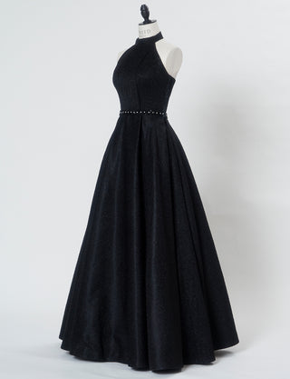 TWEED DRESS(ツイードドレス)のブラックロングドレス・グリッター生地｜TN2013-BKのトルソー全身斜め画像です。