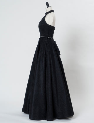 TWEED DRESS(ツイードドレス)のブラックロングドレス・グリッター生地｜TN2013-BKのトルソー全身側面画像です。