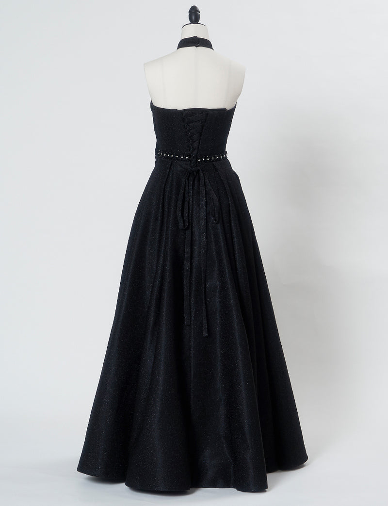TWEED DRESS(ツイードドレス)のブラックロングドレス・グリッター生地｜TN2013-BKのトルソー全身背面画像です。