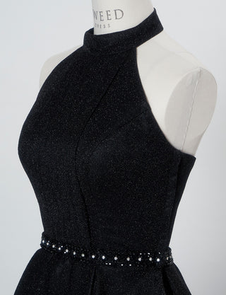 TWEED DRESS(ツイードドレス)のブラックロングドレス・グリッター生地｜TN2013-BKのトルソー上半身斜め画像です。