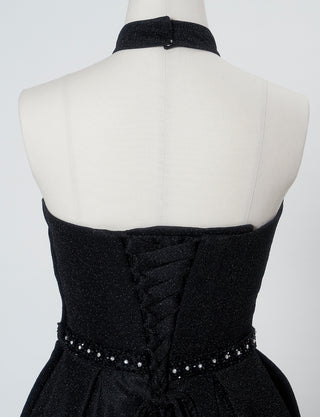 TWEED DRESS(ツイードドレス)のブラックロングドレス・グリッター生地｜TN2013-BKのトルソー上半身背面画像です。