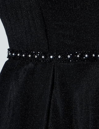 TWEED DRESS(ツイードドレス)のブラックロングドレス・グリッター生地｜TN2013-BKのウエストビジュ刺繡拡大画像です。