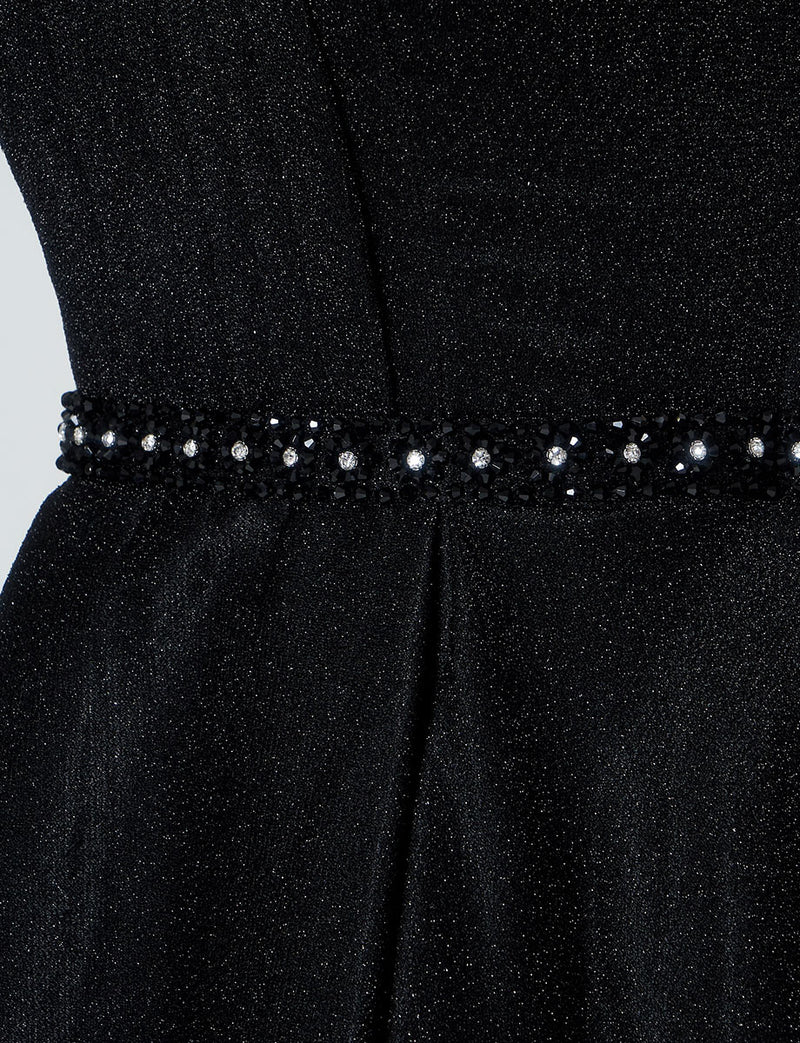 TWEED DRESS(ツイードドレス)のブラックロングドレス・グリッター生地｜TN2013-BKのウエストビジュ刺繡拡大画像です。