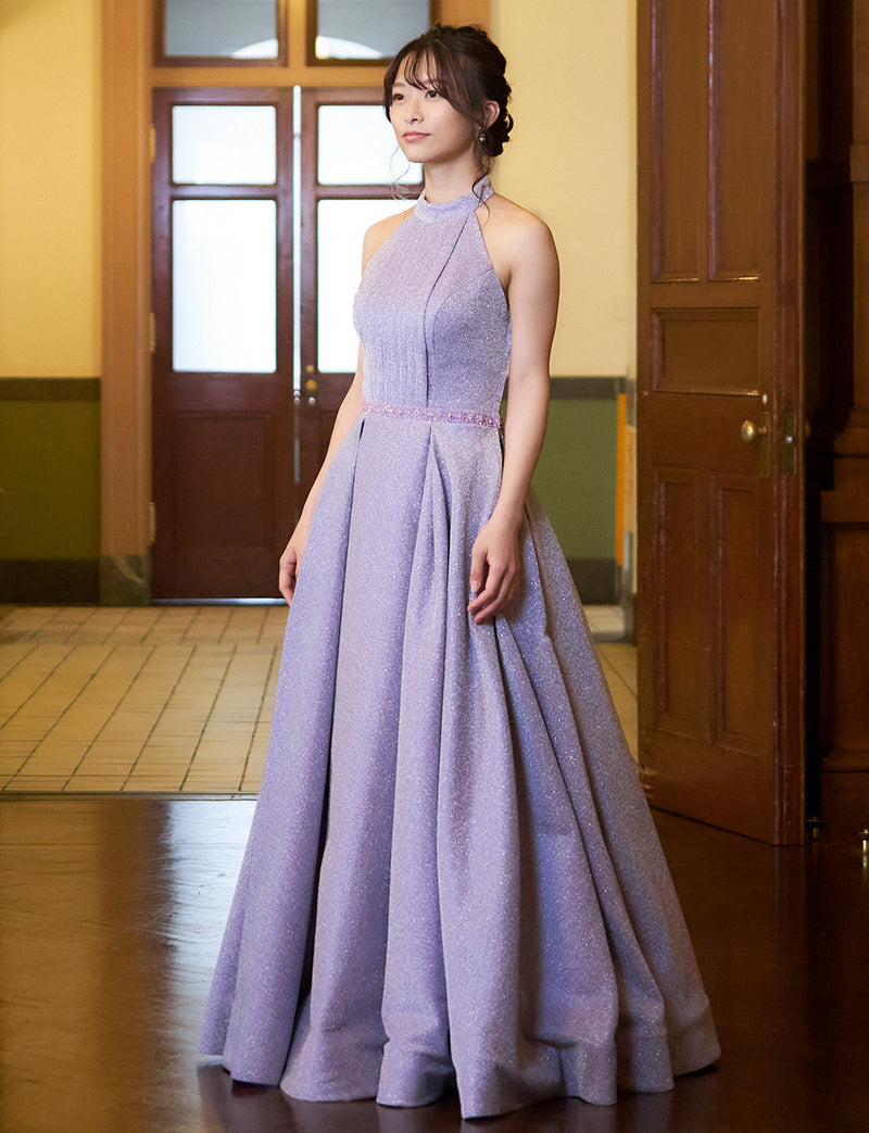 TWEED DRESS(ツイードドレス)のパープルグレーロングドレス・グリッター生地｜TN2013-PEGYの全身斜め画像です。