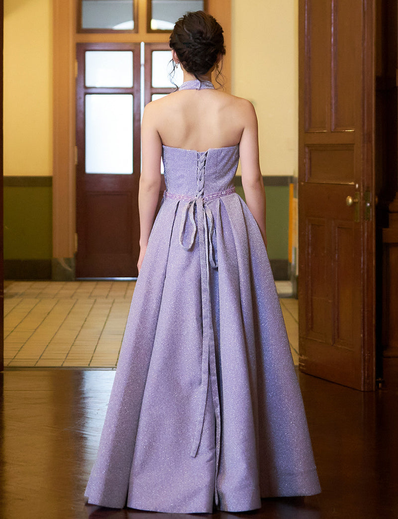 TWEED DRESS(ツイードドレス)のパープルグレーロングドレス・グリッター生地｜TN2013-PEGYの全身背面画像です。