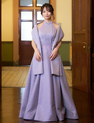 TWEED DRESS(ツイードドレス)のパープルグレーロングドレス・グリッター生地｜TN2013-PEGYの全身正面ストール着用画像です。