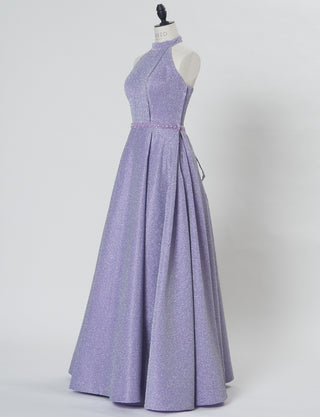 TWEED DRESS(ツイードドレス)のパープルグレーロングドレス・グリッター生地｜TN2013-PEGYのトルソー全身斜め画像です。