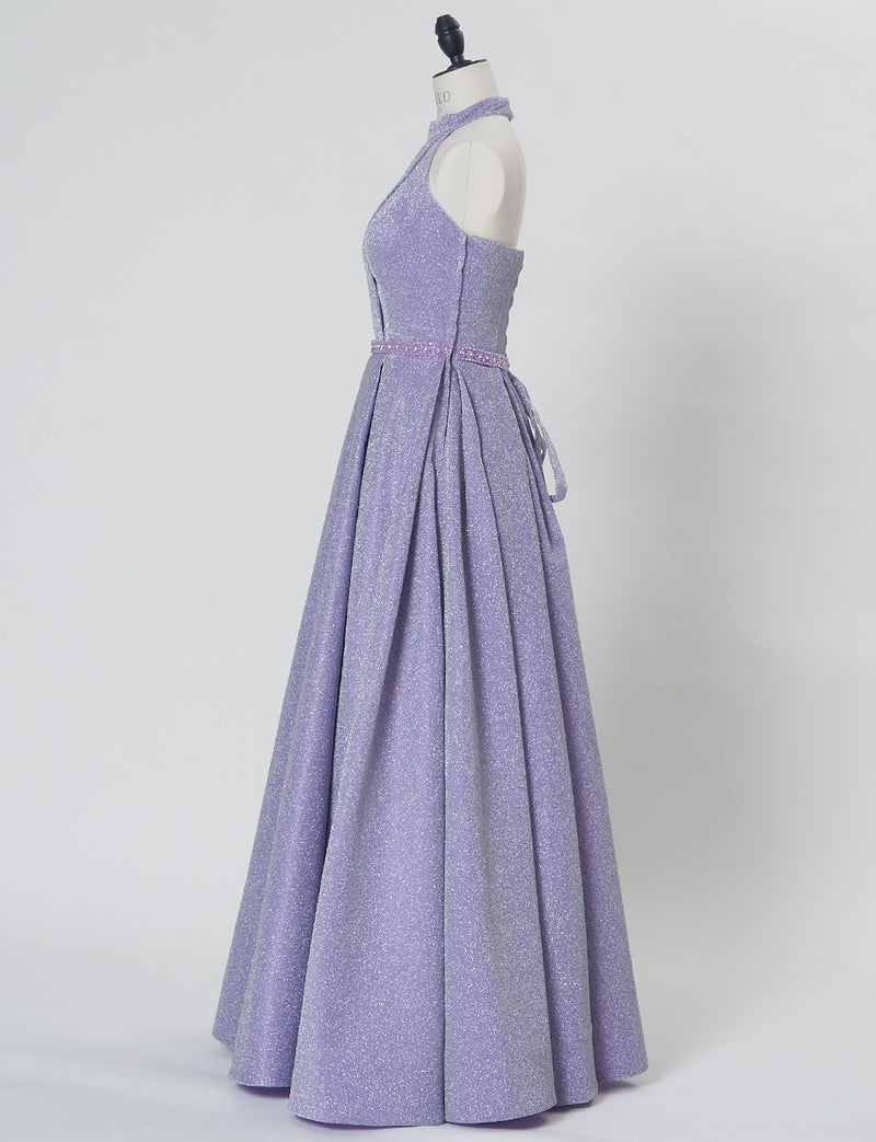 TWEED DRESS(ツイードドレス)のパープルグレーロングドレス・グリッター生地｜TN2013-PEGYのトルソー全身側面画像です。
