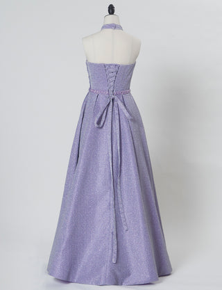 TWEED DRESS(ツイードドレス)のパープルグレーロングドレス・グリッター生地｜TN2013-PEGYのトルソー全身背面画像です。