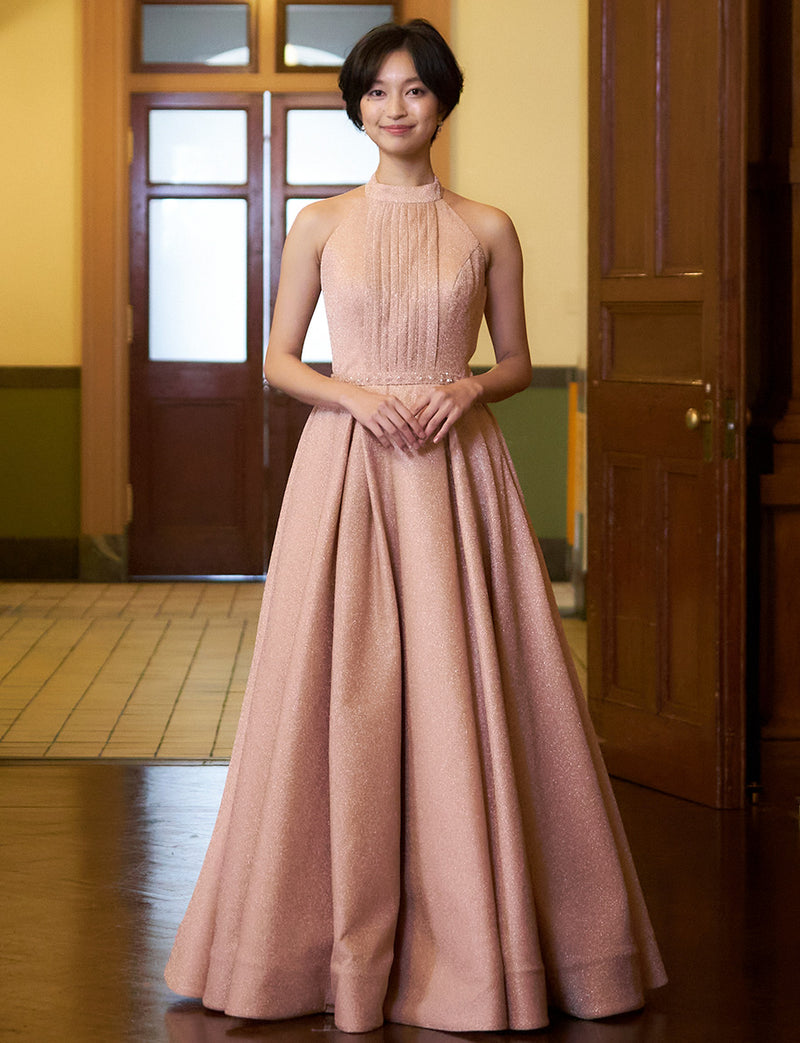 TWEED DRESS(ツイードドレス)のピンクゴールドロングドレス・グリッター生地｜TN2013-PKGDの全身正面画像です。