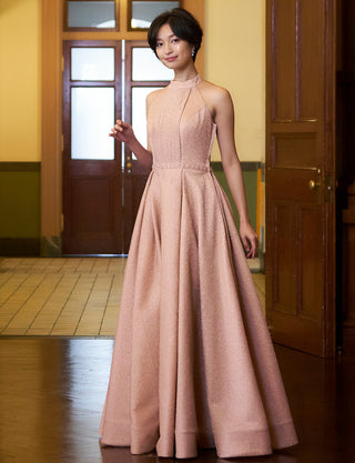 TWEED DRESS(ツイードドレス)のピンクゴールドロングドレス・グリッター生地｜TN2013-PKGDの全身斜め画像です。