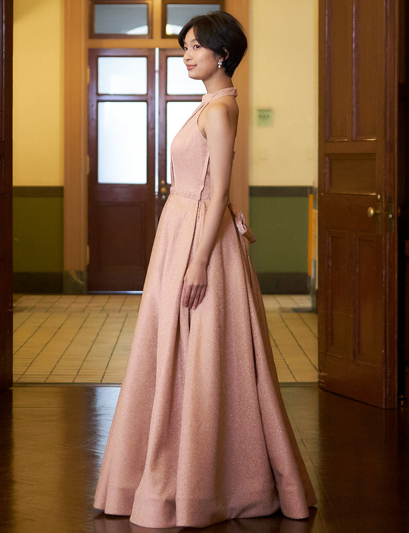 TWEED DRESS(ツイードドレス)のピンクゴールドロングドレス・グリッター生地｜TN2013-PKGDの全身側面画像です。