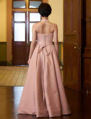 TWEED DRESS(ツイードドレス)のピンクゴールドロングドレス・グリッター生地｜TN2013-PKGDの全身背面画像です。