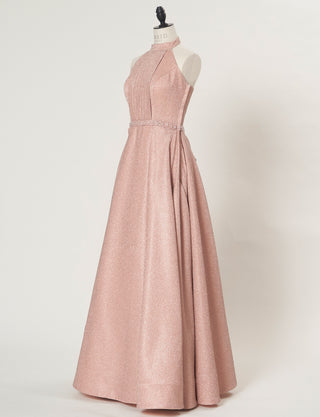 TWEED DRESS(ツイードドレス)のピンクゴールドロングドレス・グリッター生地｜TN2013-PKGDのトルソー全身斜め画像です。