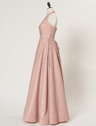 TWEED DRESS(ツイードドレス)のピンクゴールドロングドレス・グリッター生地｜TN2013-PKGDのトルソー全身側面画像です。