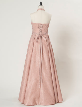 TWEED DRESS(ツイードドレス)のピンクゴールドロングドレス・グリッター生地｜TN2013-PKGDのトルソー全身背面画像です。