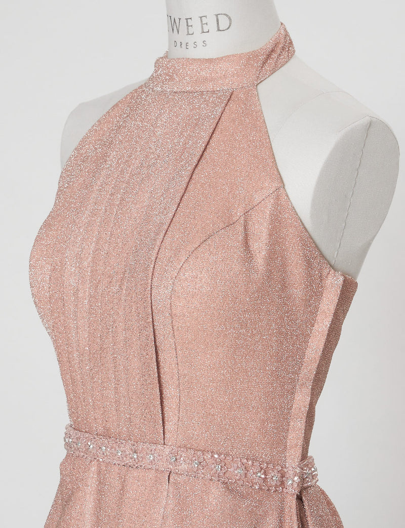 TWEED DRESS(ツイードドレス)のピンクゴールドロングドレス・グリッター生地｜TN2013-PKGDのトルソー上半身斜め画像です。