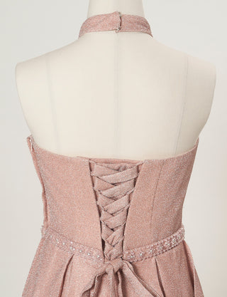 TWEED DRESS(ツイードドレス)のピンクゴールドロングドレス・グリッター生地｜TN2013-PKGDのトルソー上半身背面画像です。