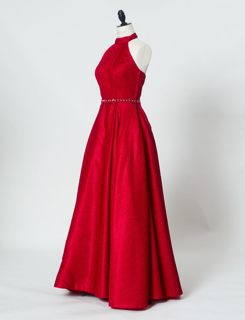 TWEED DRESS(ツイードドレス)のレッドロングドレス・グリッター生地｜TN2013-RDのトルソー全身斜め画像です。