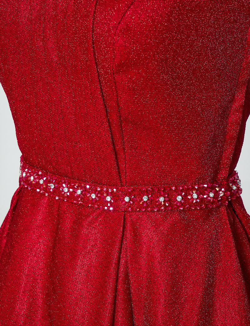 TWEED DRESS(ツイードドレス)のレッドロングドレス・グリッター生地｜TN2013-RDの上半身ウエスト装飾拡大画像です。