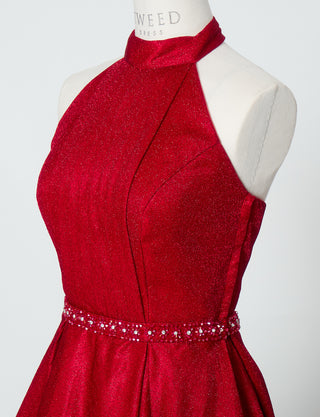 TWEED DRESS(ツイードドレス)のレッドロングドレス・グリッター生地｜TN2013-RDのトルソー上半身斜め画像です。