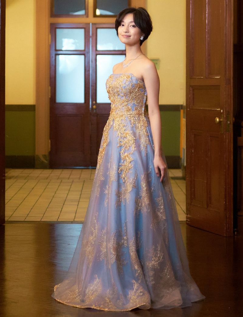 TWEED DRESS(ツイードドレス)のブルーグレーロングドレス・チュール｜TN2015-BLGYの全身斜め画像です。