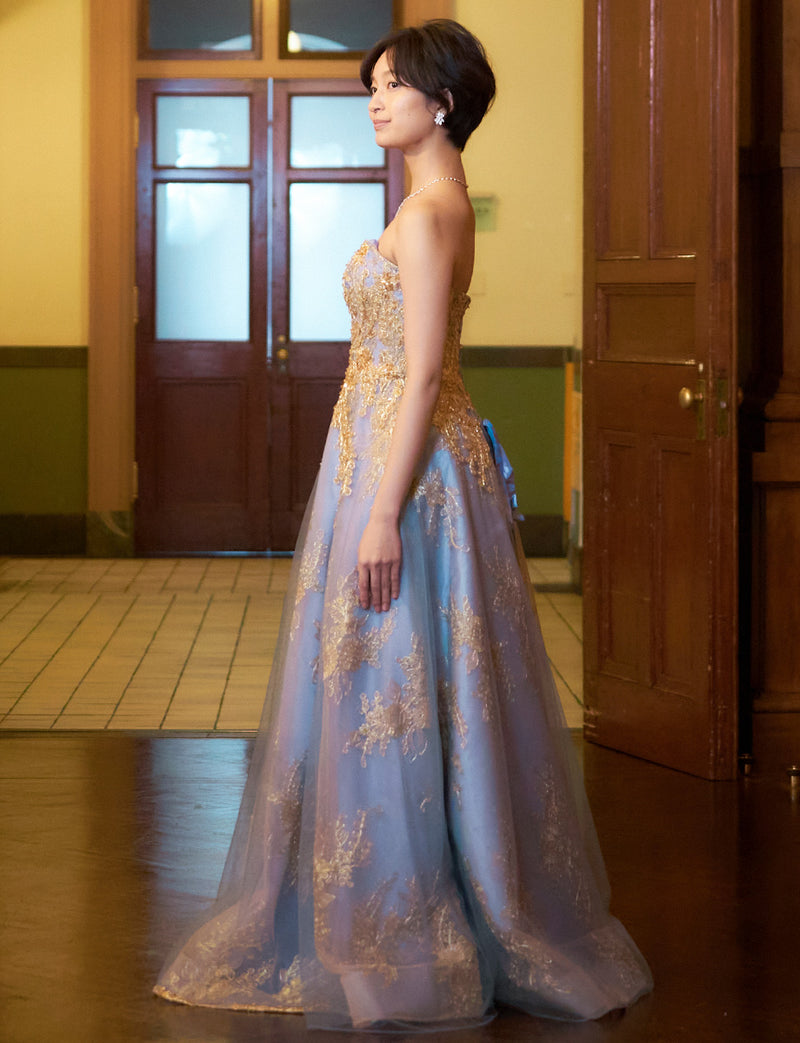 TWEED DRESS(ツイードドレス)のブルーグレーロングドレス・チュール｜TN2015-BLGYの全身側面画像です。