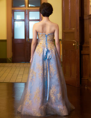 TWEED DRESS(ツイードドレス)のブルーグレーロングドレス・チュール｜TN2015-BLGYの全身背面画像です。