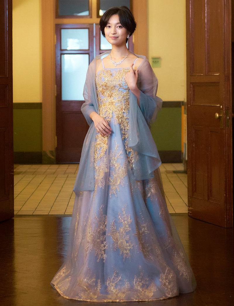 TWEED DRESS(ツイードドレス)のブルーグレーロングドレス・チュール｜TN2015-BLGYの全身正面ストール着用画像です。