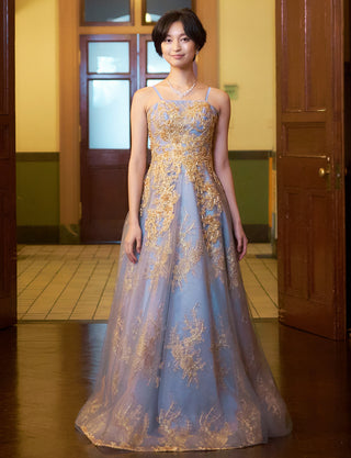 TWEED DRESS(ツイードドレス)のブルーグレーロングドレス・チュール｜TN2015-BLGYの全身正面ストラップ着用画像です。