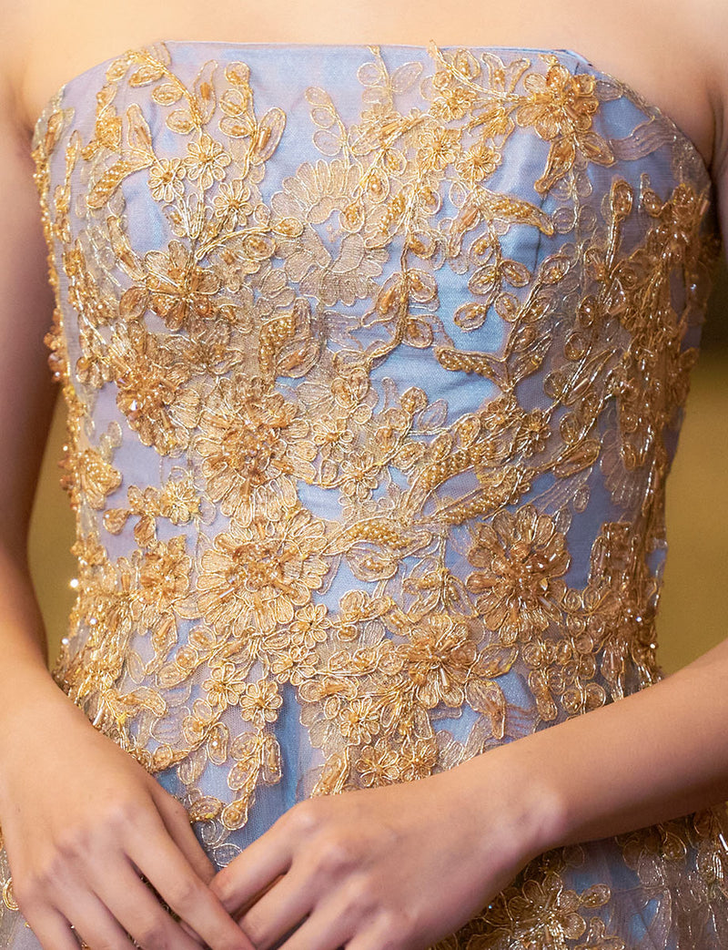 TWEED DRESS(ツイードドレス)のブルーグレーロングドレス・チュール｜TN2015-BLGYの上半身装飾拡大画像です。