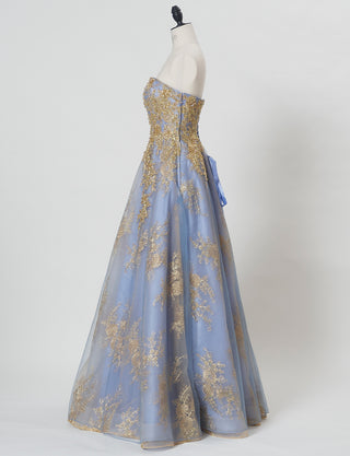 TWEED DRESS(ツイードドレス)のブルーグレーロングドレス・チュール｜TN2015-BLGYのトルソー全身側面画像です。