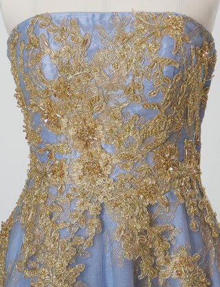 TWEED DRESS(ツイードドレス)のブルーグレーロングドレス・チュール｜TN2015-BLGYのトルソー上半身正面画像です。