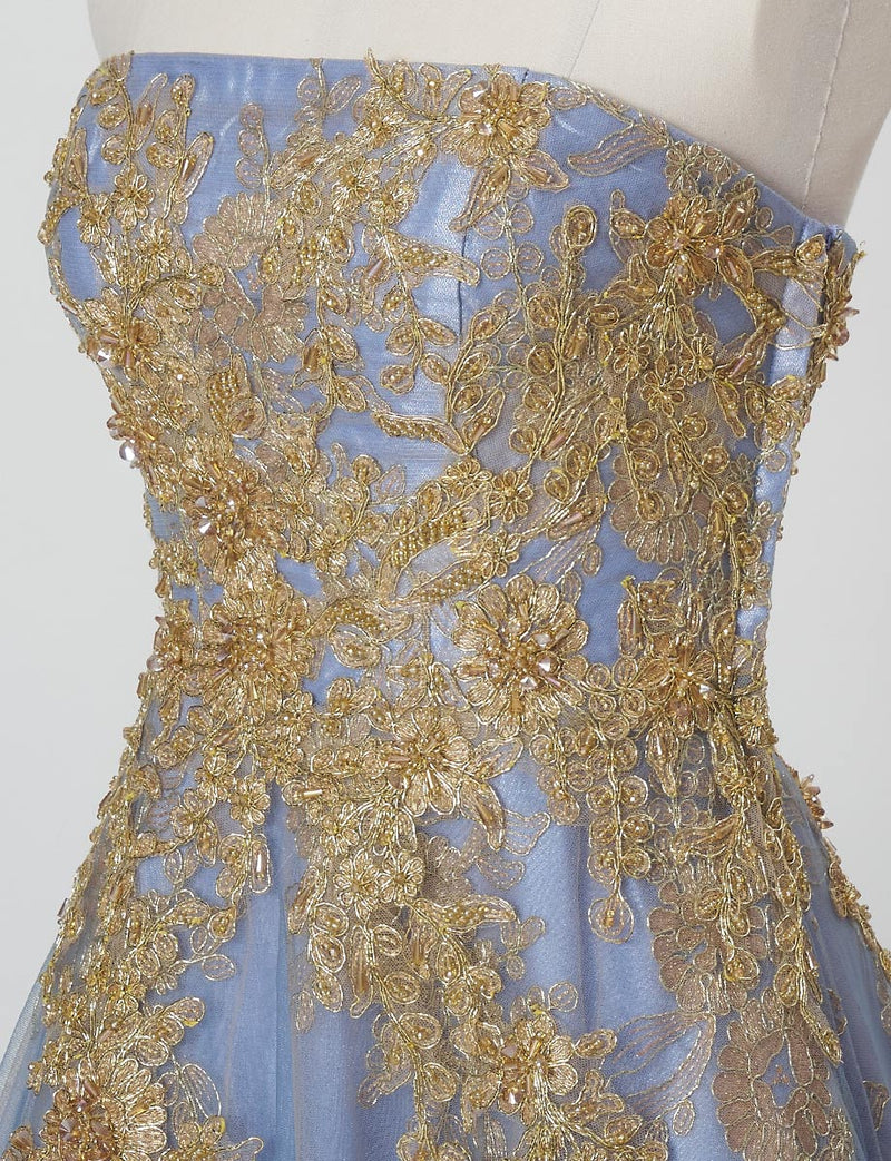 TWEED DRESS(ツイードドレス)のブルーグレーロングドレス・チュール｜TN2015-BLGYのトルソー上半身斜め画像です。