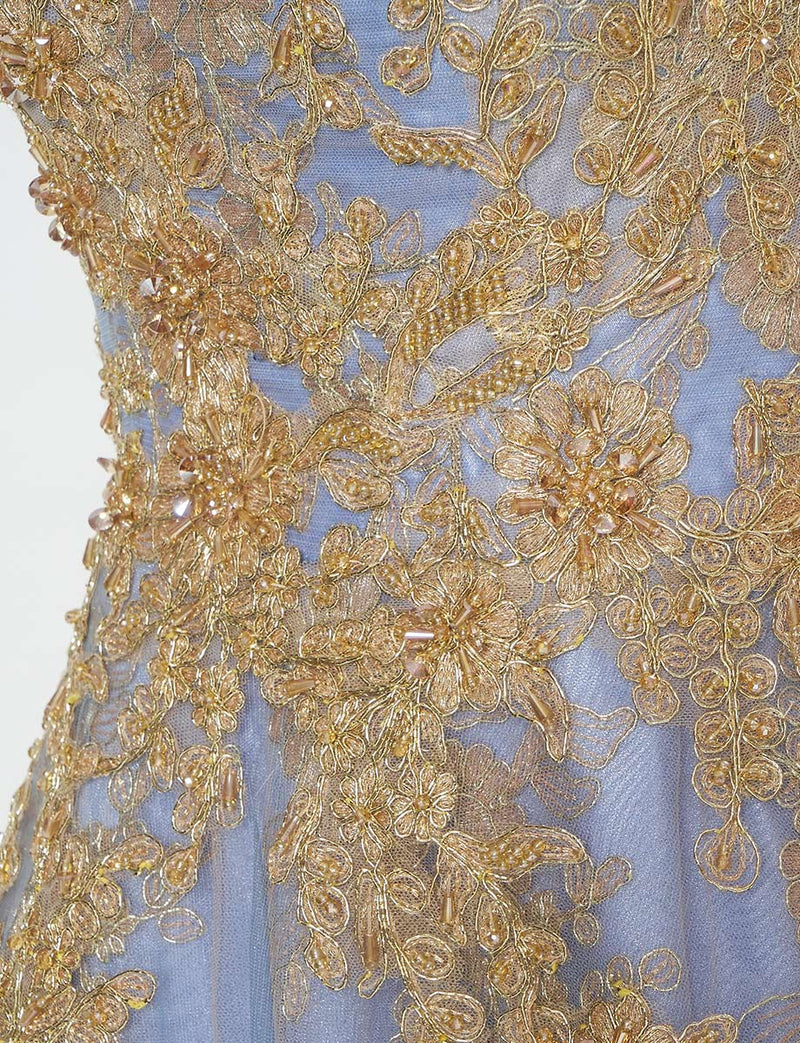 TWEED DRESS(ツイードドレス)のブルーグレーロングドレス・チュール｜TN2015-BLGYのトルソー上半身装飾拡大画像です。