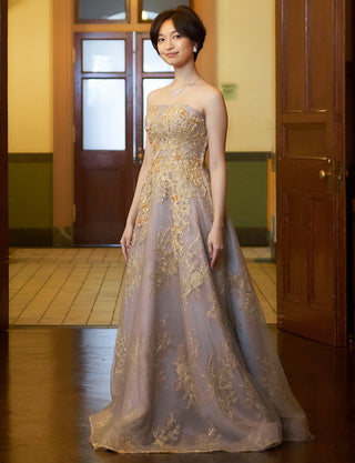 TWEED DRESS(ツイードドレス)のダークグレーロングドレス・チュール｜TN2015-DGYの全身斜め画像です。