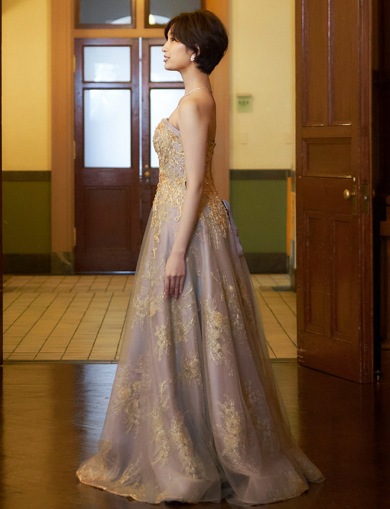 TWEED DRESS(ツイードドレス)のダークグレーロングドレス・チュール｜TN2015-DGYの全身側面画像です。