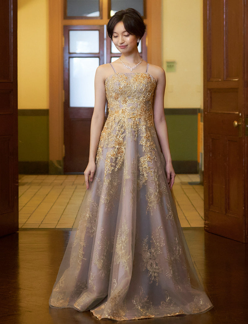 TWEED DRESS(ツイードドレス)のダークグレーロングドレス・チュール｜TN2015-DGYの全身正面ストラップ着用画像です。