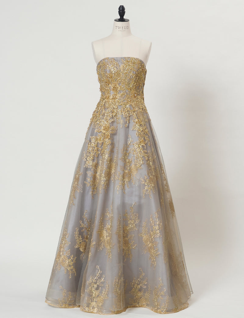 TWEED DRESS(ツイードドレス)のダークグレーロングドレス・チュール｜TN2015-DGYのトルソー全身正面画像です。