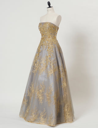 TWEED DRESS(ツイードドレス)のダークグレーロングドレス・チュール｜TN2015-DGYのトルソー全身斜め画像です。