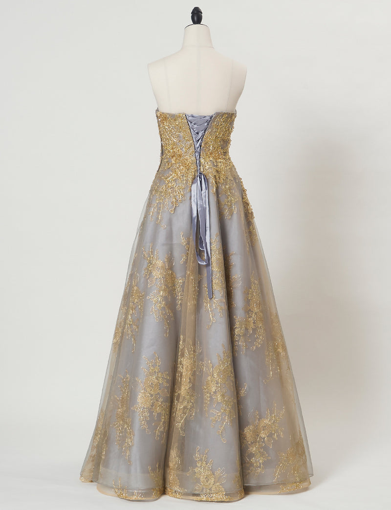 TWEED DRESS(ツイードドレス)のダークグレーロングドレス・チュール｜TN2015-DGYのトルソー全身背面画像です。