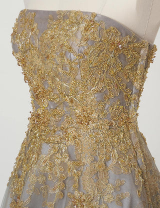 TWEED DRESS(ツイードドレス)のダークグレーロングドレス・チュール｜TN2015-DGYのトルソー上半身斜め画像です。