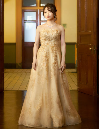 TWEED DRESS(ツイードドレス)のゴールドロングドレス・チュール｜TN2015-GDの全身正面画像です。