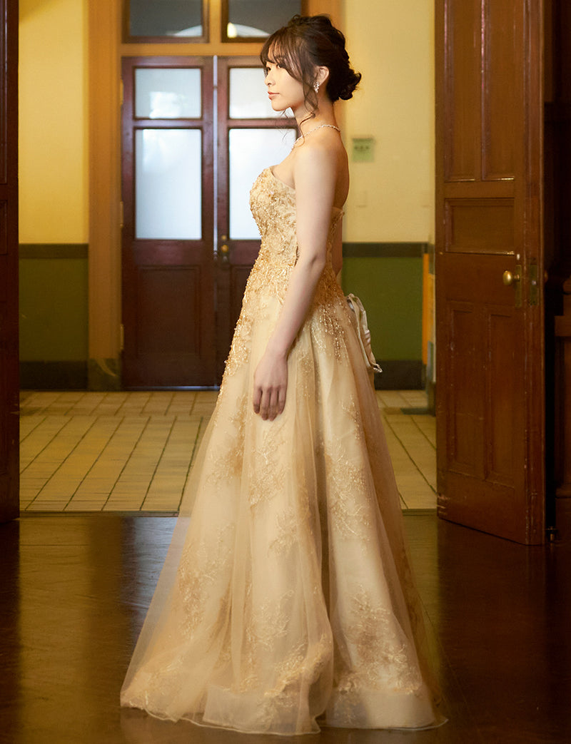 TWEED DRESS(ツイードドレス)のゴールドロングドレス・チュール｜TN2015-GDの全身側面画像です。