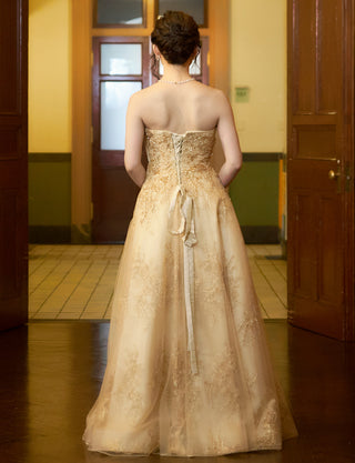 TWEED DRESS(ツイードドレス)のゴールドロングドレス・チュール｜TN2015-GDの全身背面画像です。